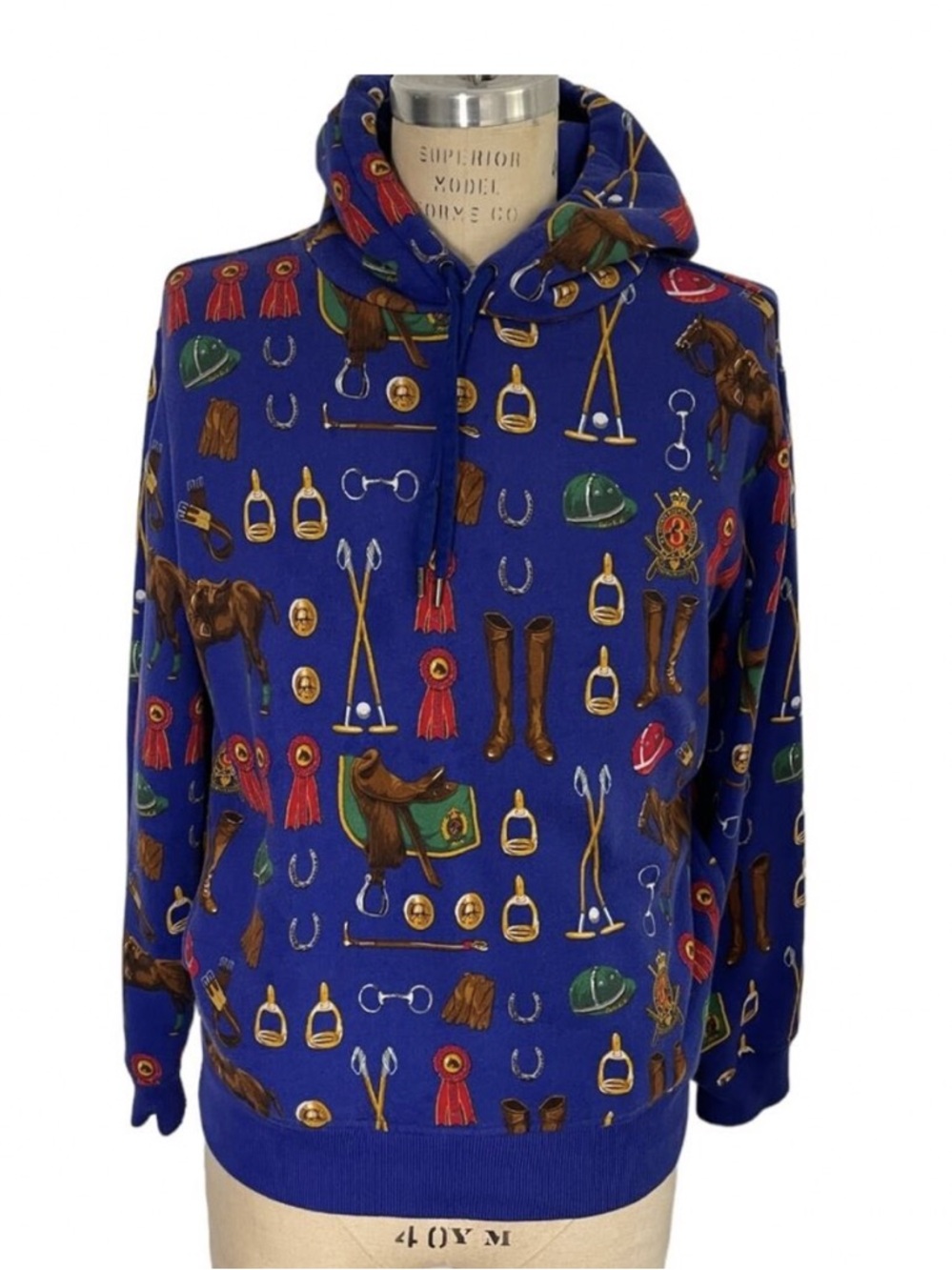 Polo Ralph Lauren Equestrian Print Hoodie Sweatshirt Mens Size M Blue